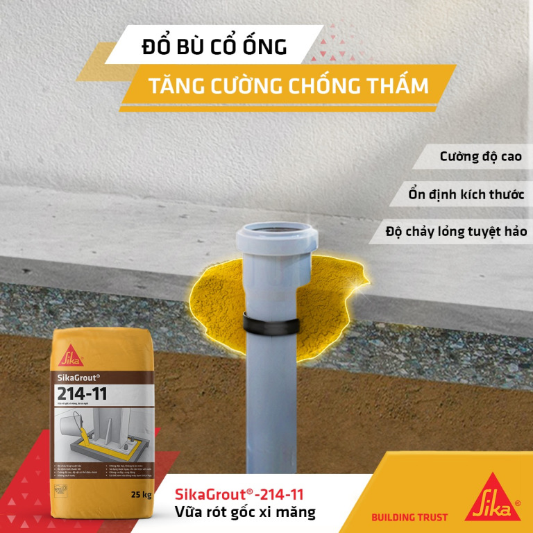 Sika Grout 214-11 vữa rót không co ngót gốc xi măng cường độ cao dùng cho bệ máy và bu lông neo, đổ bù cổ ống.