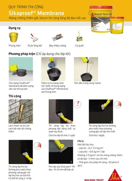 Sika Membrane màng chống thấm bitum gốc nước dùng cho móng, tầng hầm, sàn bê tông và tường chắn.