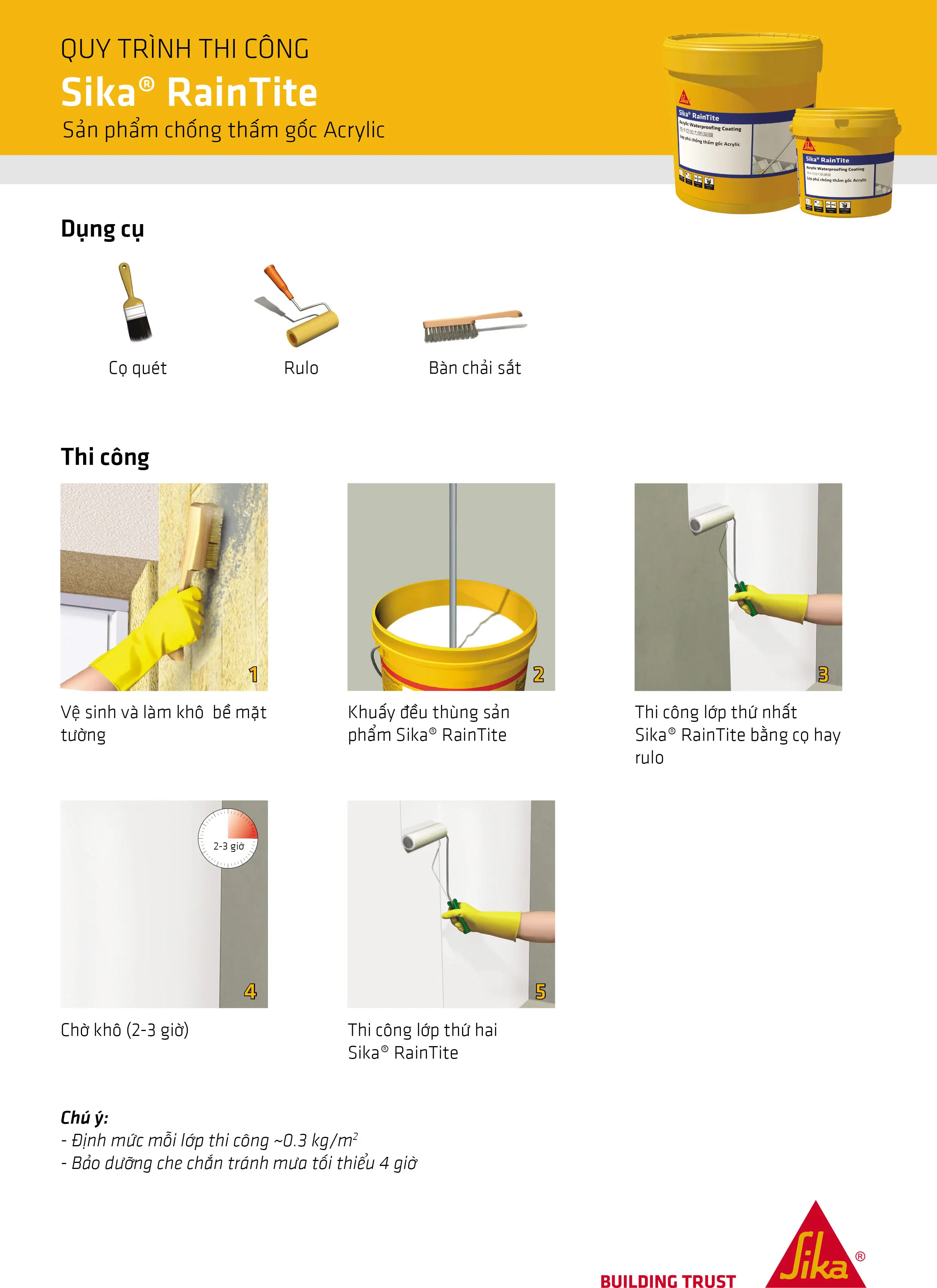 Sika RainTite sơn chống thấm gốc Acrylic một thành phần kháng tia UV dùng cho tường ngoài, sân thượng và mái bê tông.